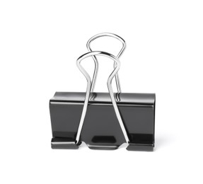 Photo of Black binder clip isolated on white. Stationery