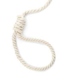 Photo of Rope noose with knot on white background, top view