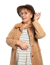 Portrait of elderly woman in hipster outfit on white background
