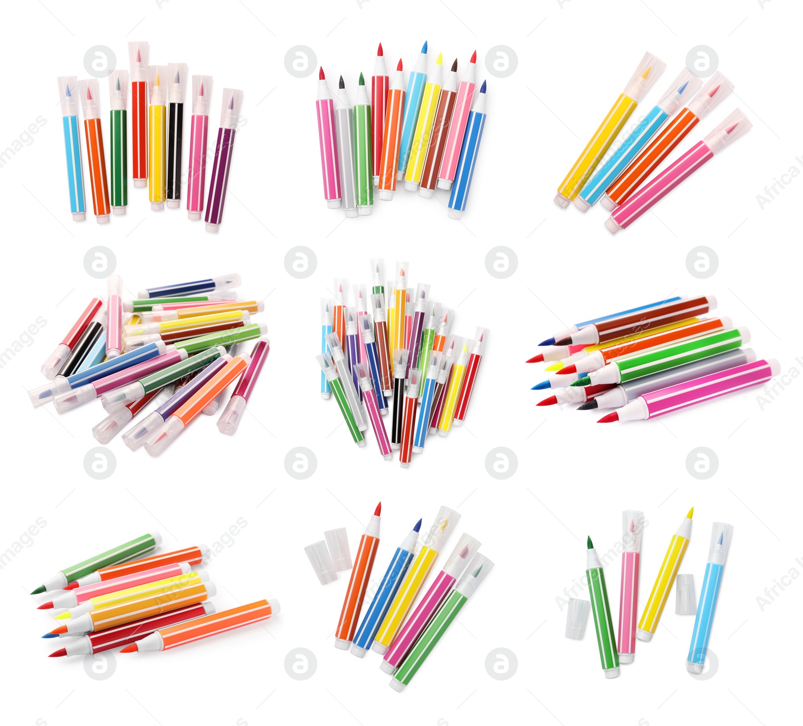 Image of Collage with many colorful felt tip pens on white background