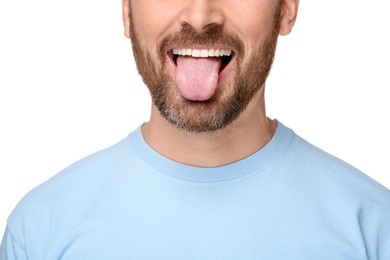 Man showing his tongue on white background, closeup