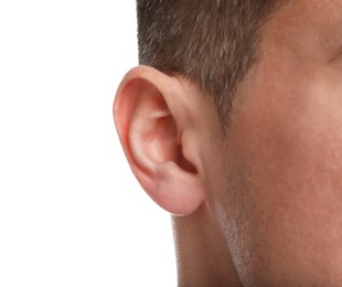 Man on white background, closeup of ear