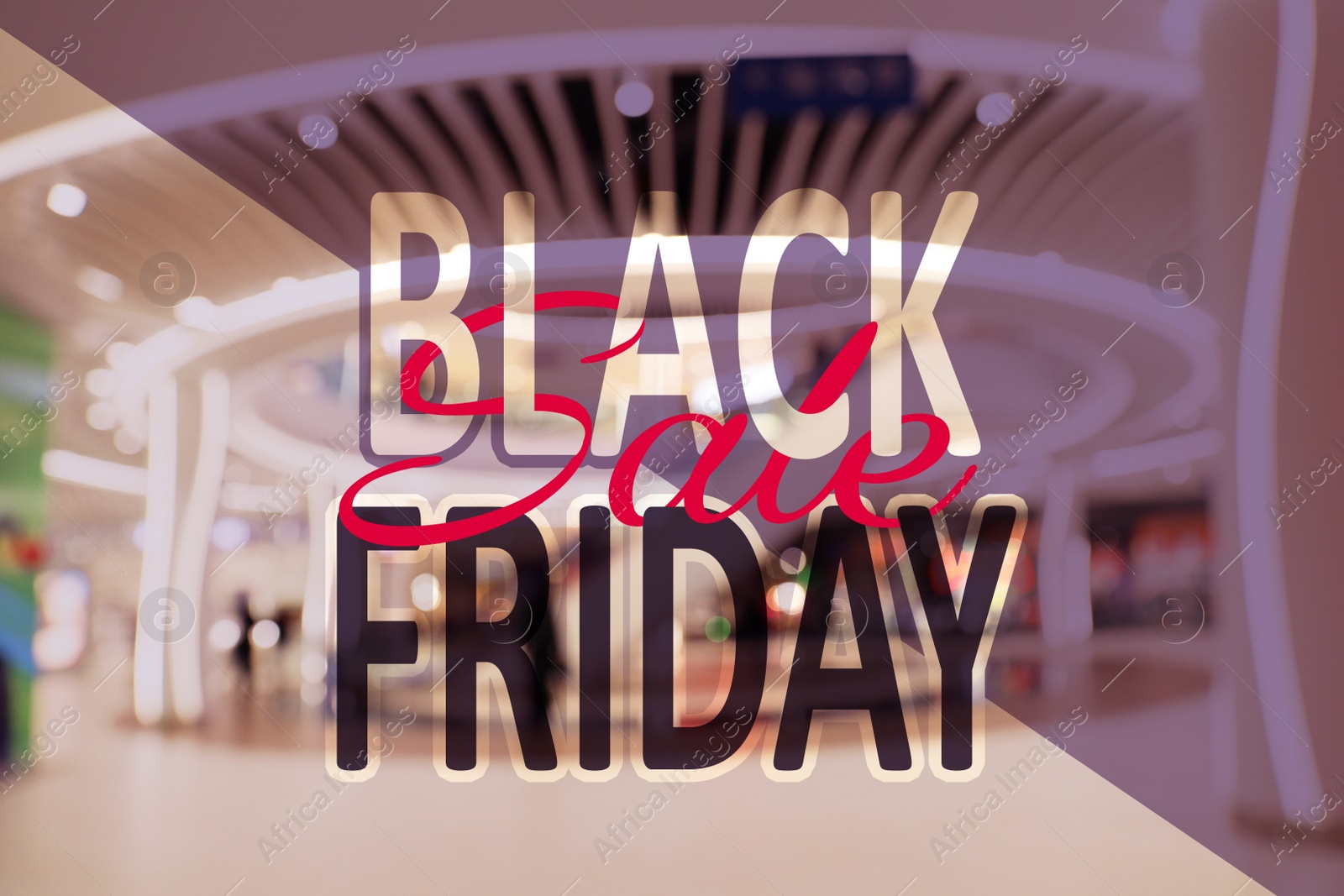 Image of Blurred view of modern shopping mall interior. Black Friday Sale