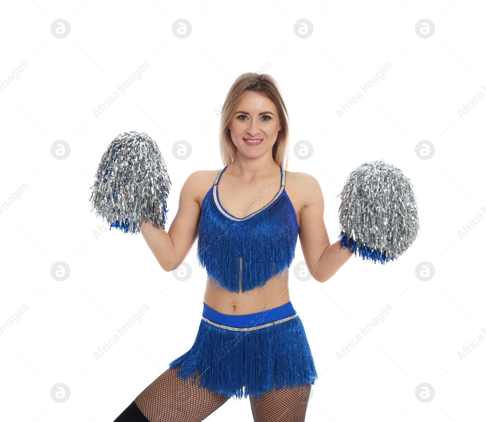 Photo of Beautiful cheerleader in costume holding pom poms on white background