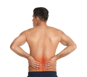 Man suffering from pain in lower back on white background