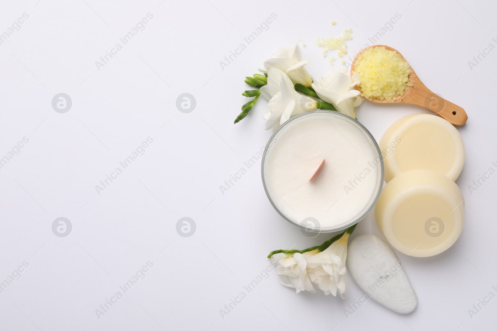 Photo of Flat lay composition with different spa products on white background, space for text