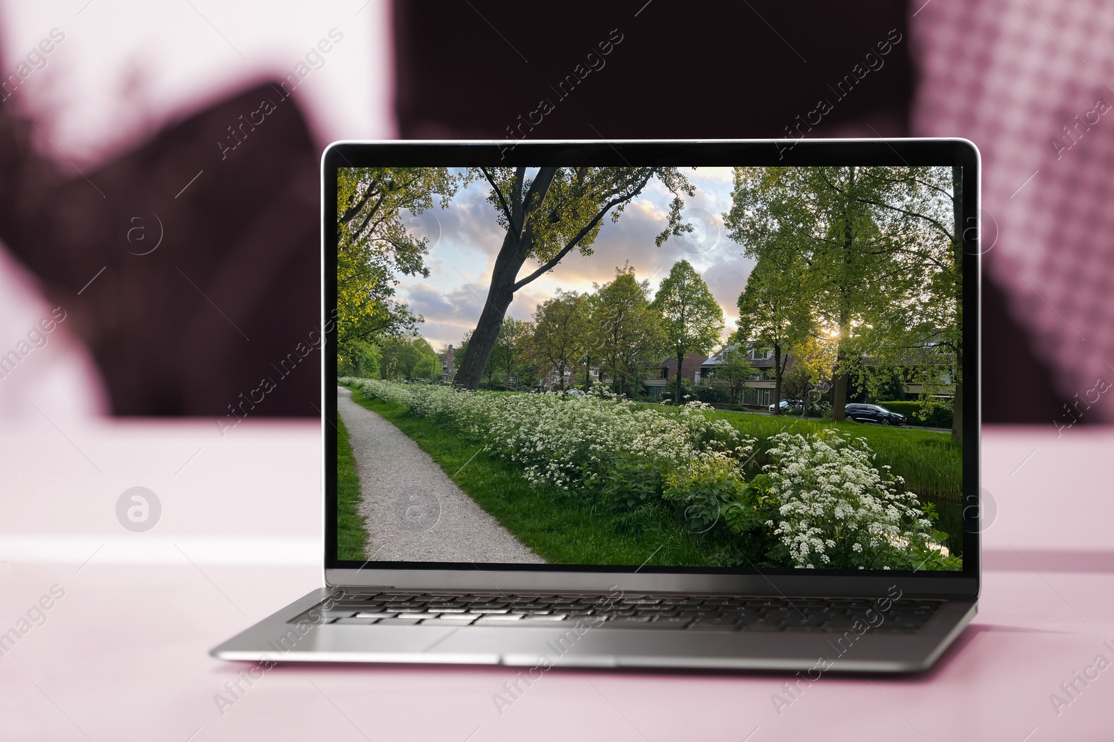 Image of Beautiful cityscape with green grass on laptop screen