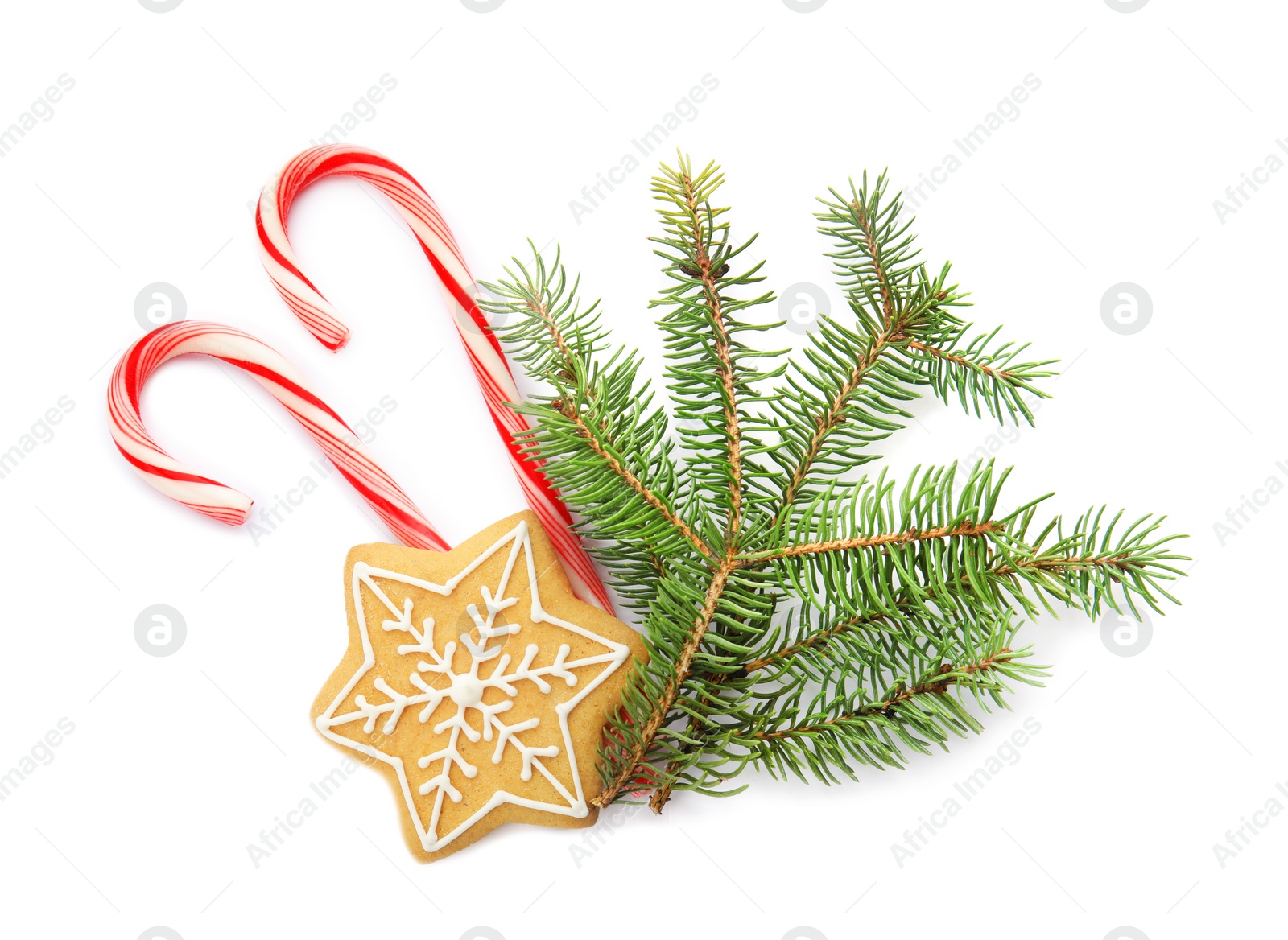 Photo of Composition with Christmas candy canes on white background