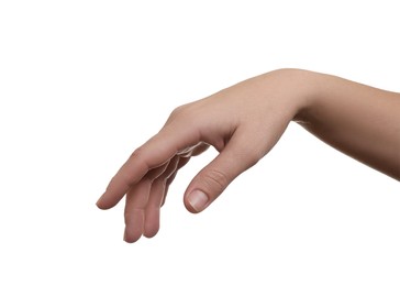 Woman showing hand on white background, closeup