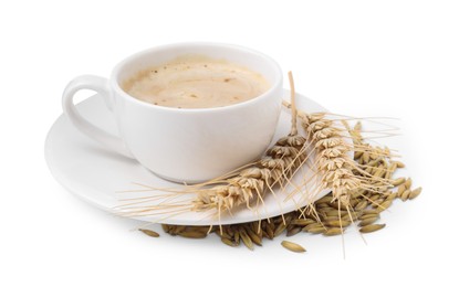 Photo of Cup of barley coffee, grains and spikes isolated on white