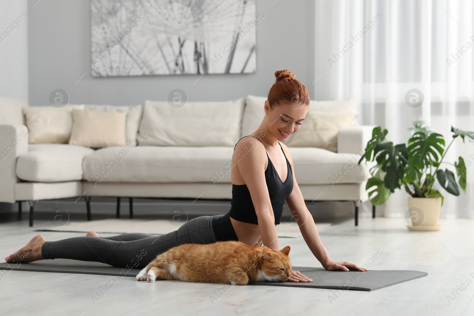 Photo of Beautiful woman with cute red cat practicing yoga on mat at home