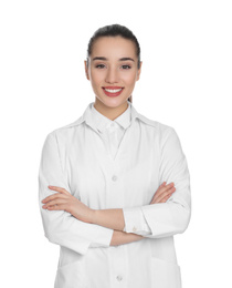 Happy young woman in lab coat on white background