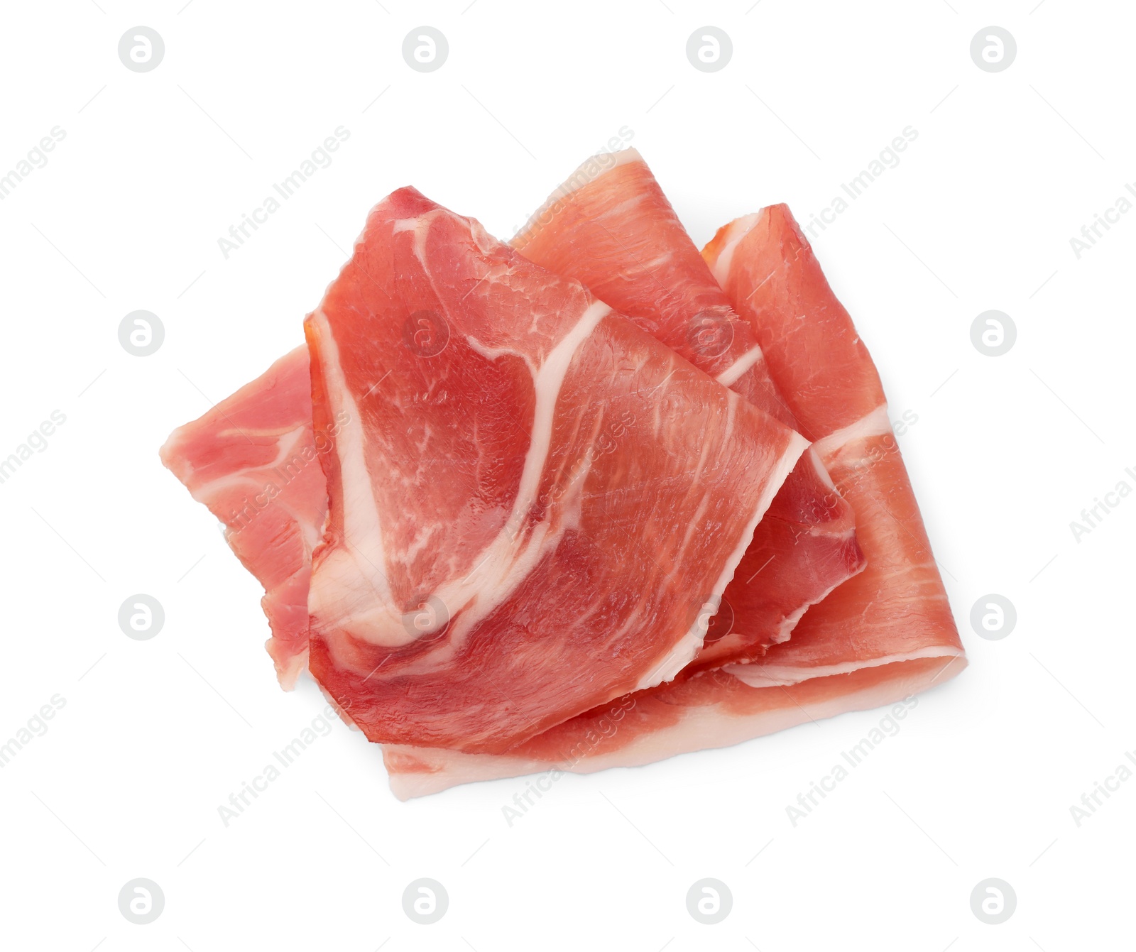 Photo of Slices of delicious jamon isolated on white, top view