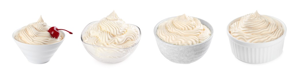 Set with delicious fresh whipped cream on white background. Banner design