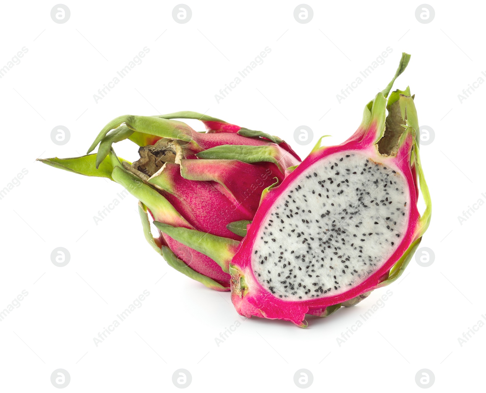 Photo of Delicious cut and whole dragon fruits (pitahaya) on white background