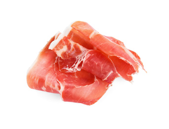 Slices of tasty prosciutto on white background