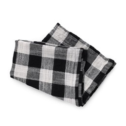 Black checkered tablecloth on white background, top view