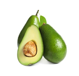 Ripe fresh avocados on white background