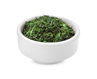 Photo of Bowl of dried parsley isolated on white