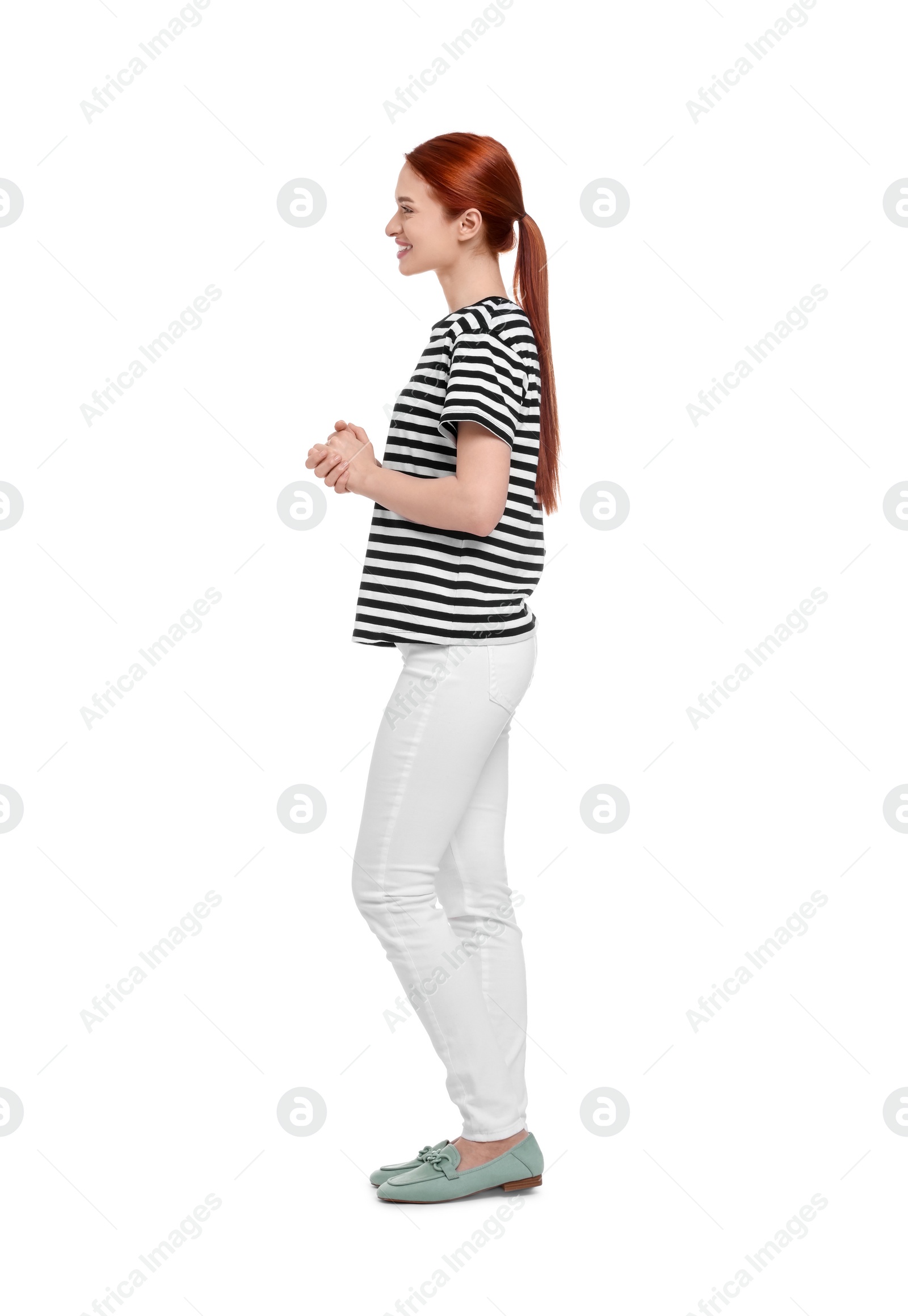 Photo of Portrait of happy woman on white background