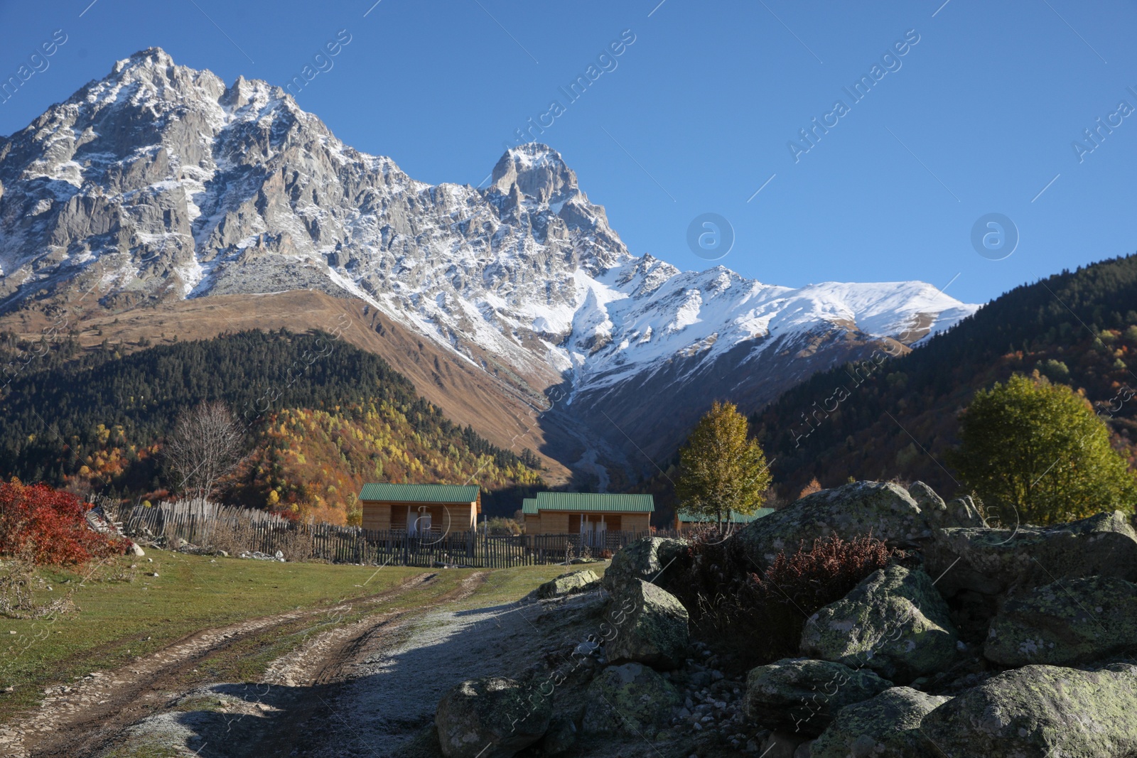 Photo of Picturesque view of empty pathway near stones in mountains on sunny day