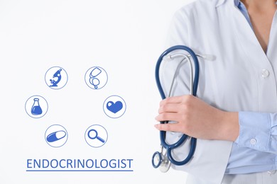 Endocrinologist with stethoscope and different icons on white background, closeup