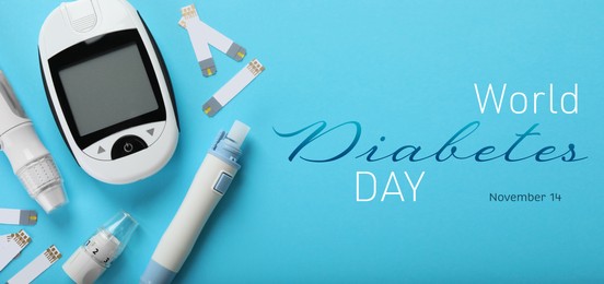 World Diabetes Day. Digital glucometer, lancet pens and test strips on light blue background, flat lay. Banner design