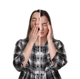 Image of Young woman expressing different emotions on white background, collage. Personality concept
