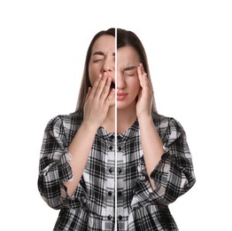 Young woman expressing different emotions on white background, collage. Personality concept