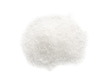 Photo of Pile of granulated sugar isolated on white, top view