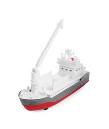 Toy cargo vessel isolated on white. Export concept