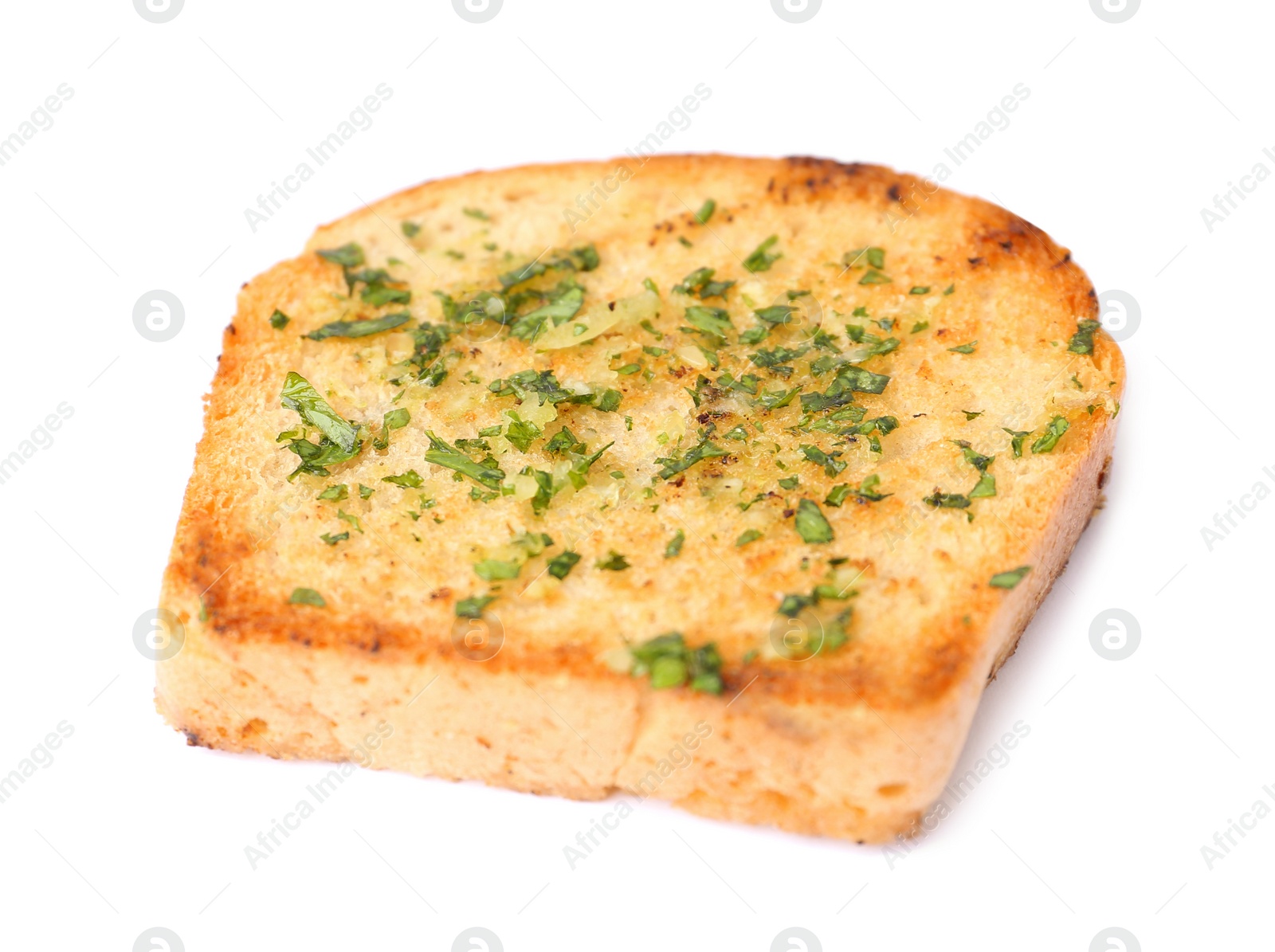 Photo of Slice of bread with garlic and herbs on white background