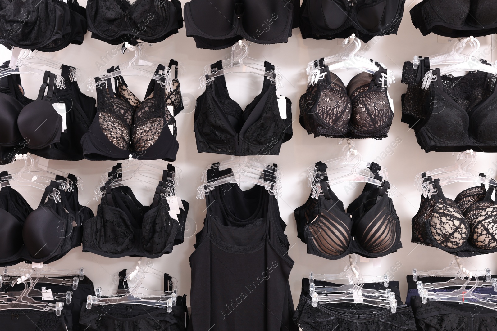 Photo of Many different beautiful women's underwear in lingerie store