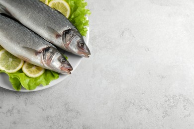 Photo of Tasty sea bass fish on grey textured table, top view. Space for text