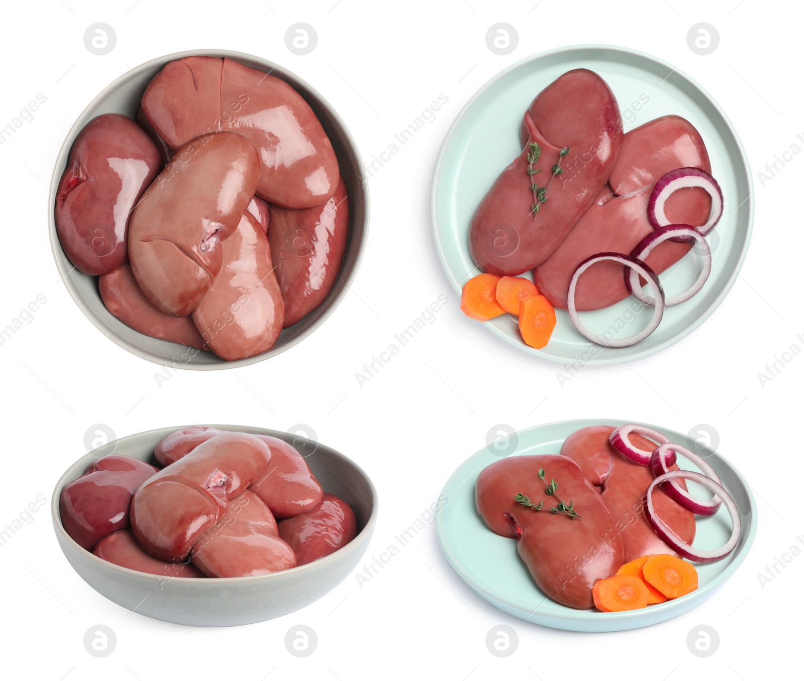 Image of Set with fresh raw kidneys on white background