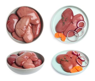 Image of Set with fresh raw kidneys on white background