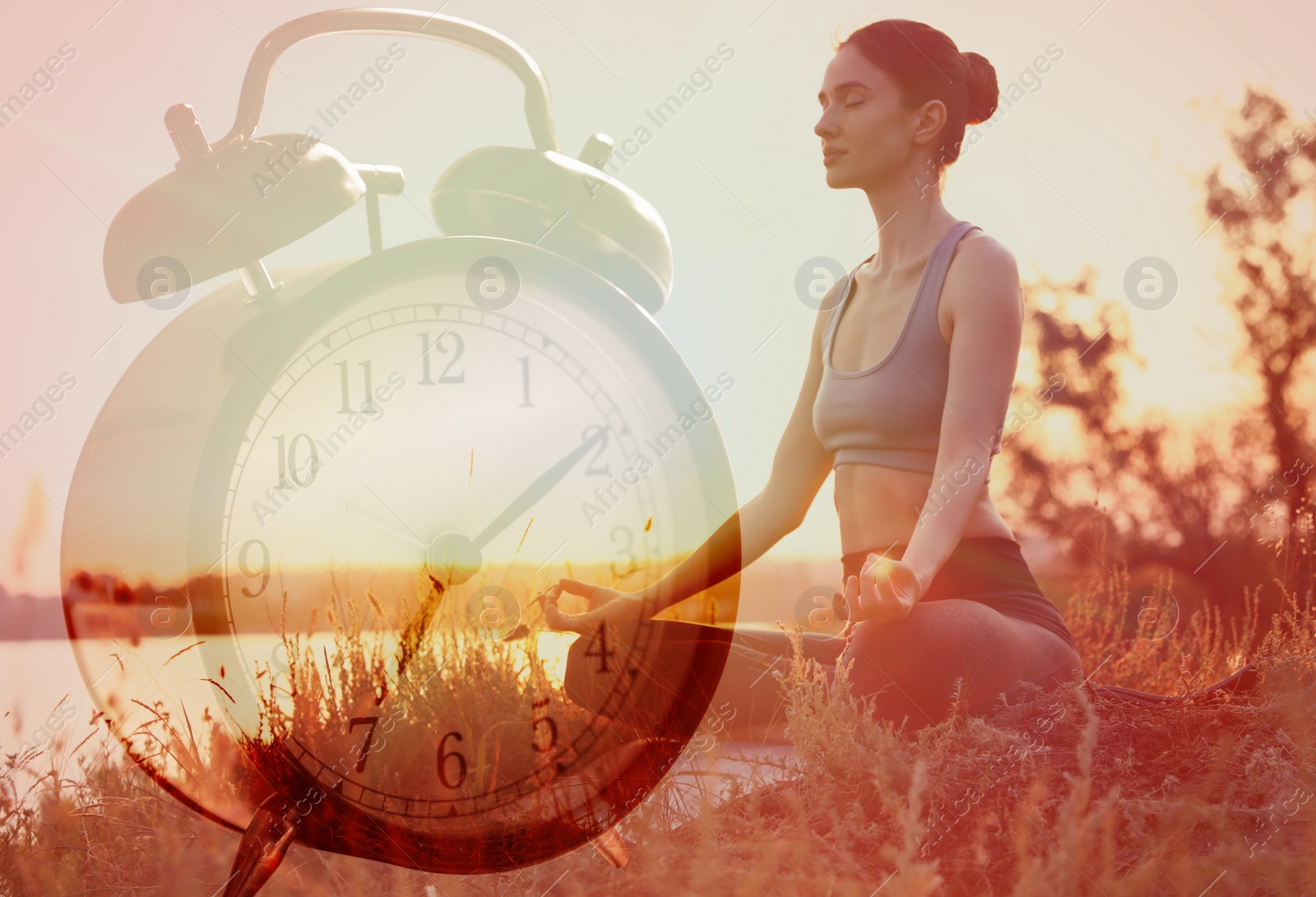 Image of Time to do morning exercises. Double exposure of woman practicing yoga outdoors and alarm clock, color toned