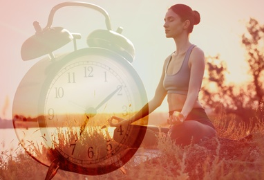 Image of Time to do morning exercises. Double exposure of woman practicing yoga outdoors and alarm clock, color toned