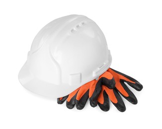 Hard hat and gloves isolated on white. Safety equipment