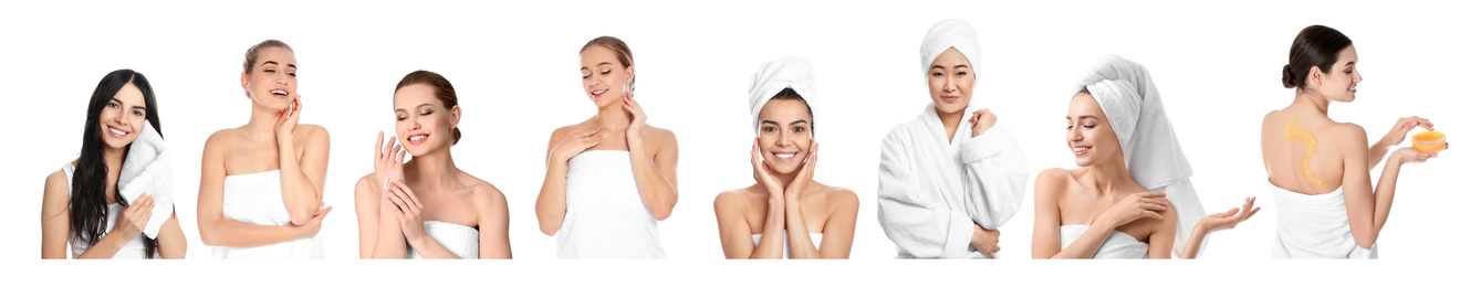 Image of Beautiful women with towels on white background, collage. Banner design