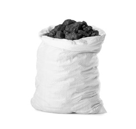 Black coal in sack on white background