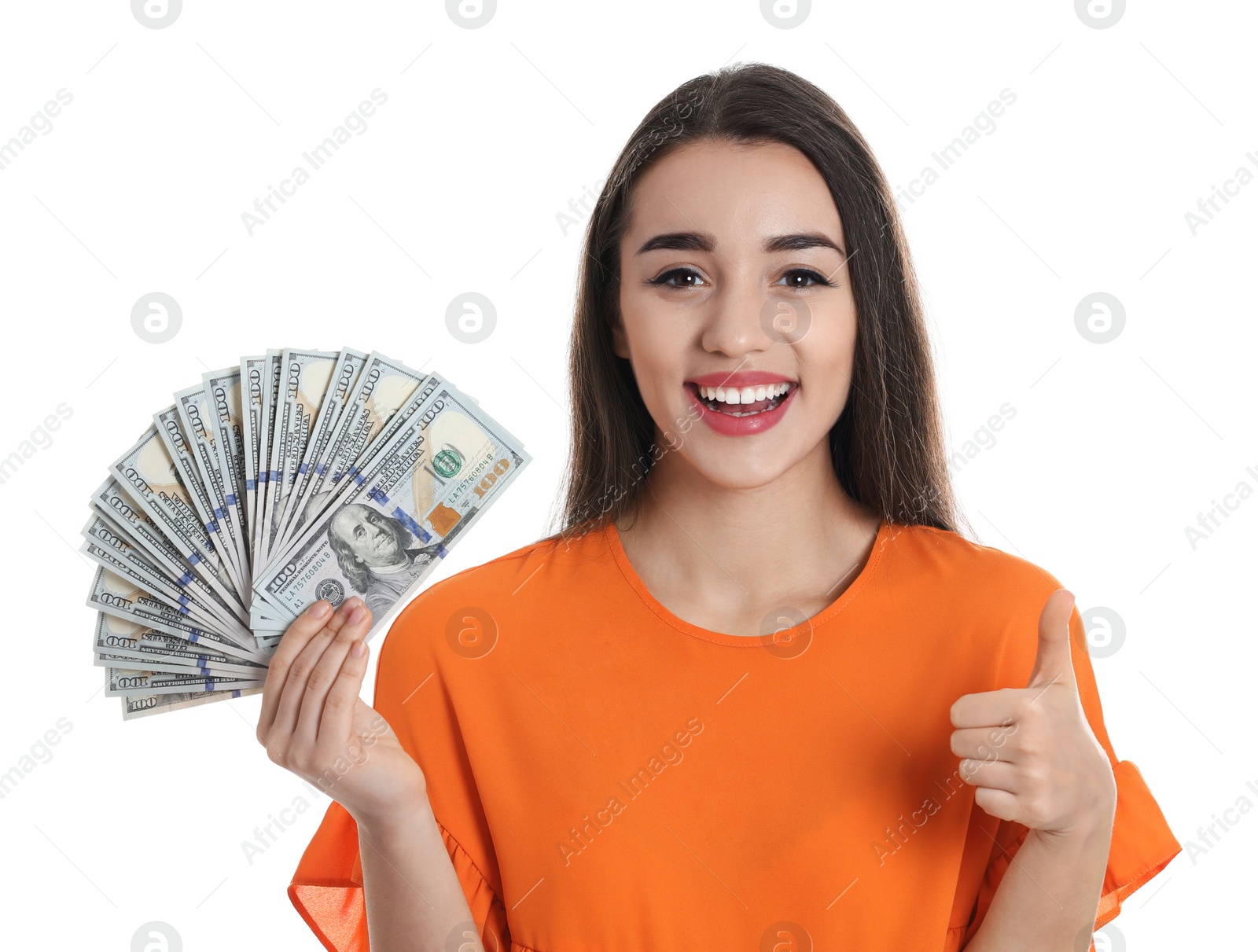 Photo of Portrait of happy young woman with money on white background