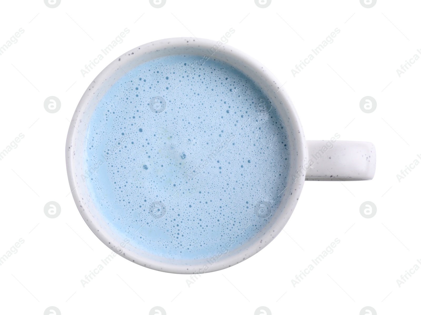 Image of Blue matcha latte in cup on white background, top view