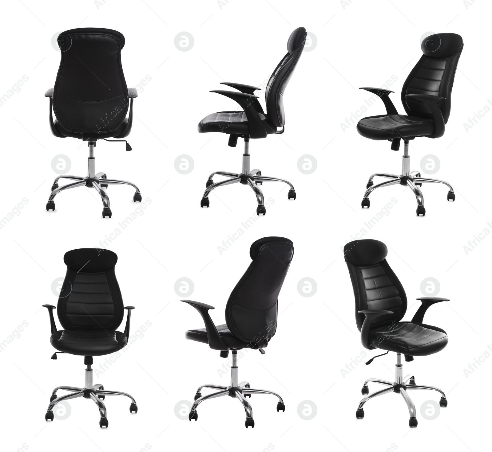 Image of Set with black office chairs with leather seats on white background