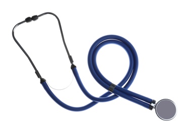 Photo of Stethoscope on white background, top view. Medical device