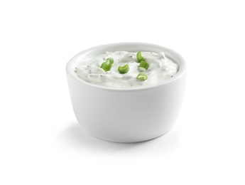 Photo of Delicious sauce in bowl on white background