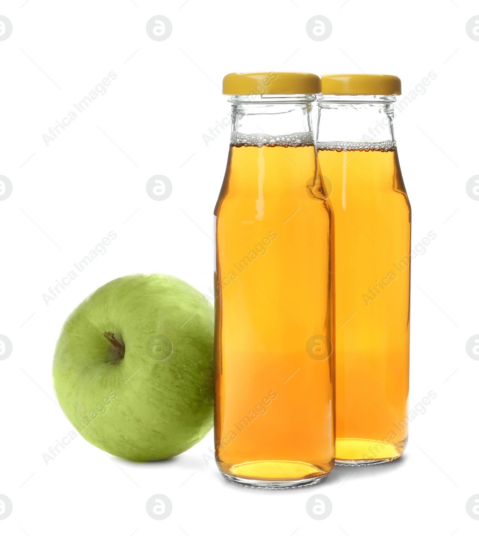Photo of Two bottles of apple juice and fresh fruit on white background