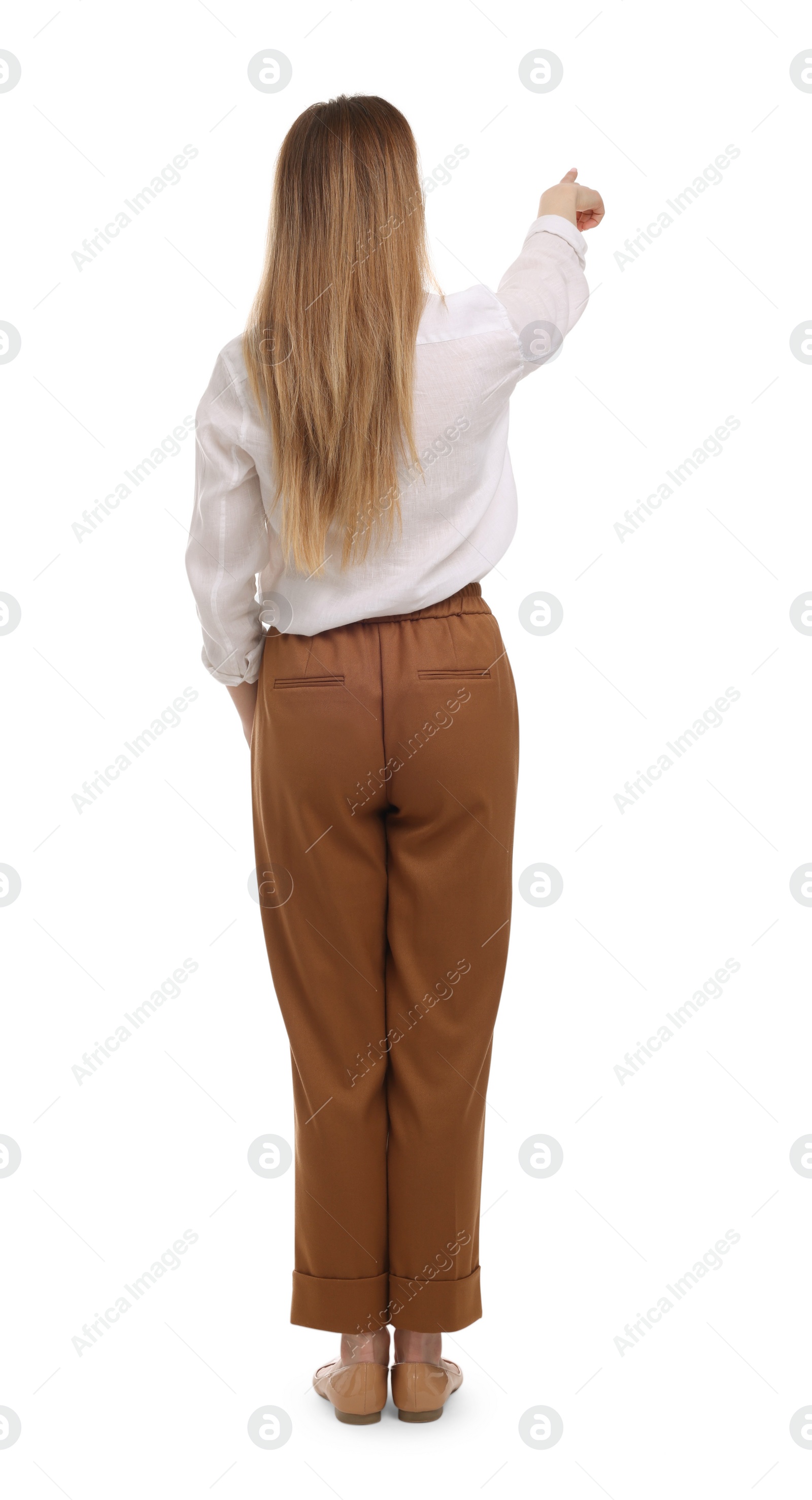 Photo of Businesswoman pointing at something on white background, back view