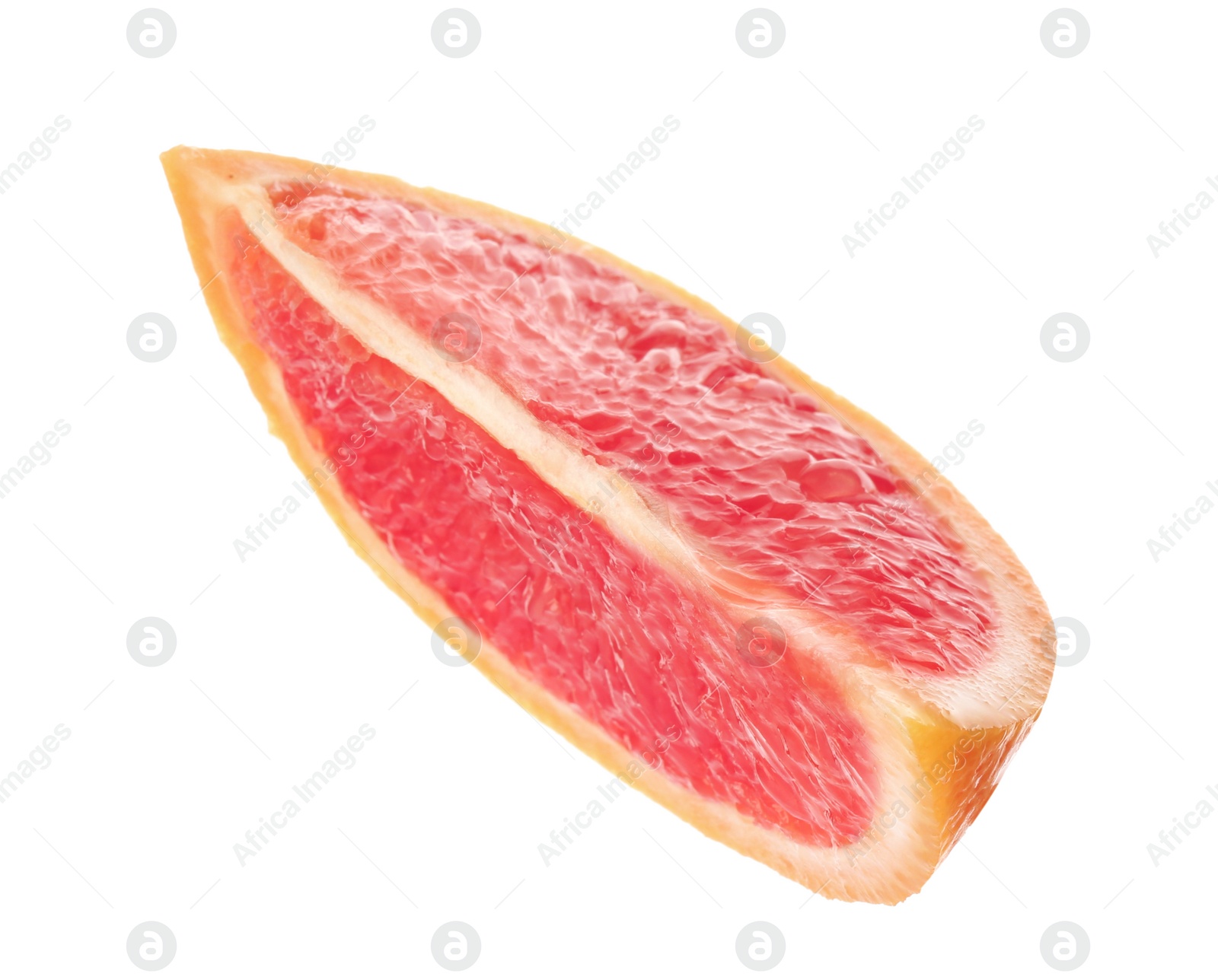 Photo of Slice of ripe juicy grapefruit on white background