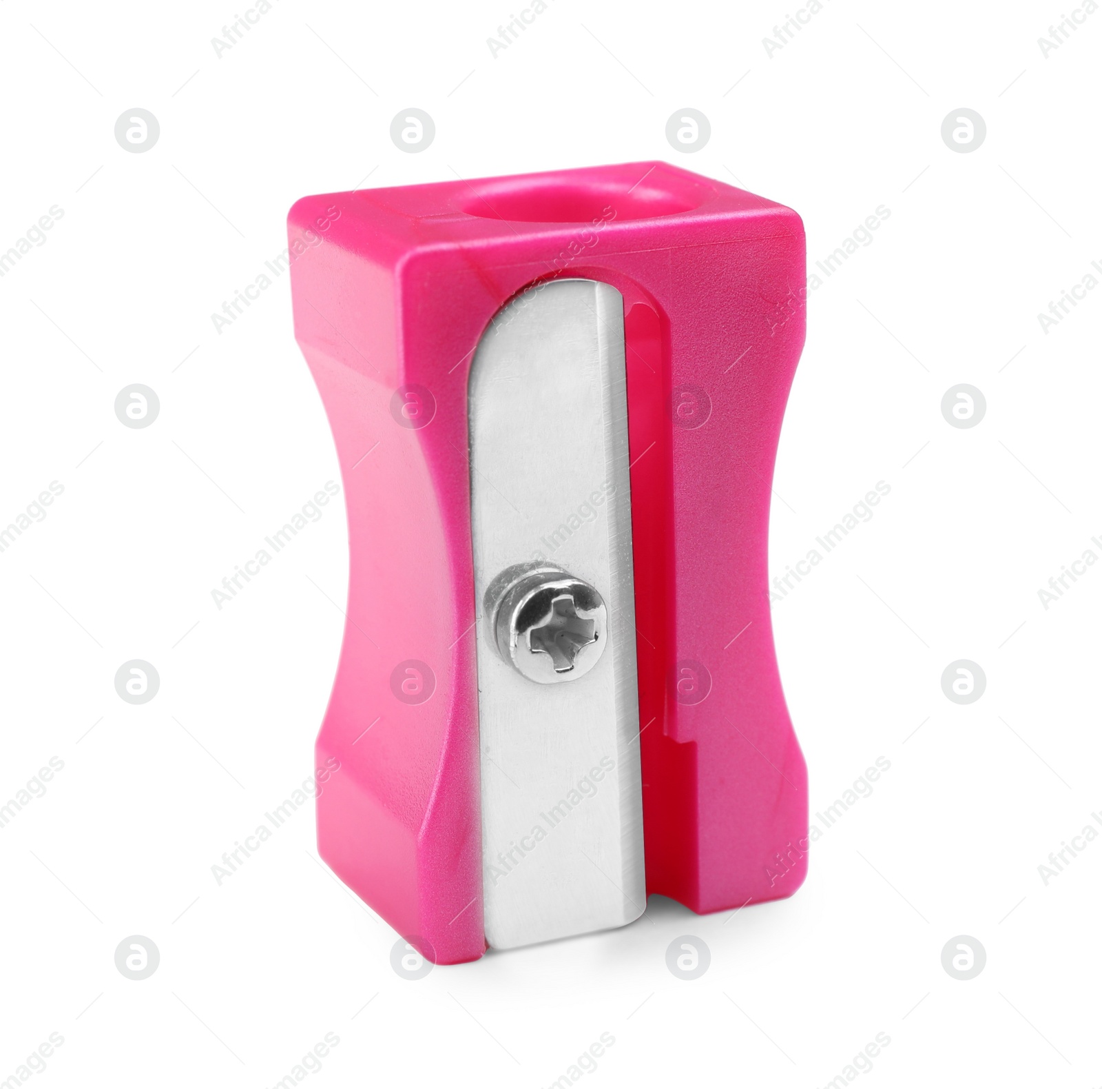 Photo of Plastic pink pencil sharpener isolated on white